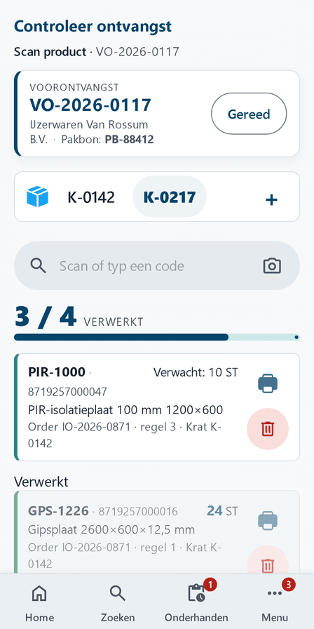 Controlescherm van Integro Warehouse: lopende ontvangst met pakbon, kratten en verwerkte regels (voorbeeldgegevens)