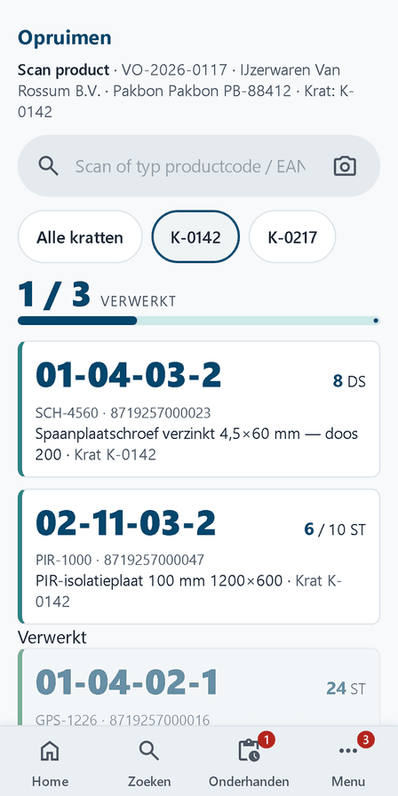 Opruimscherm van Integro Warehouse: regels op looproute met geboekt en restant per regel (voorbeeldgegevens)