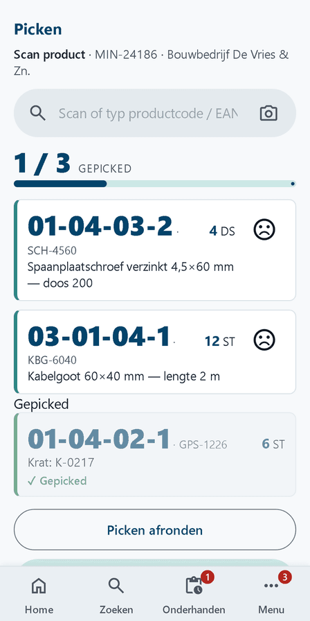 Pickscherm van Integro Warehouse: regeloverzicht met gekoppeld krat en voortgang per regel (voorbeeldgegevens)