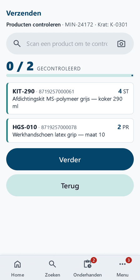 Verzendcontrole in Integro Warehouse: tweede productcontrole per regel vóór het afmelden (voorbeeldgegevens)