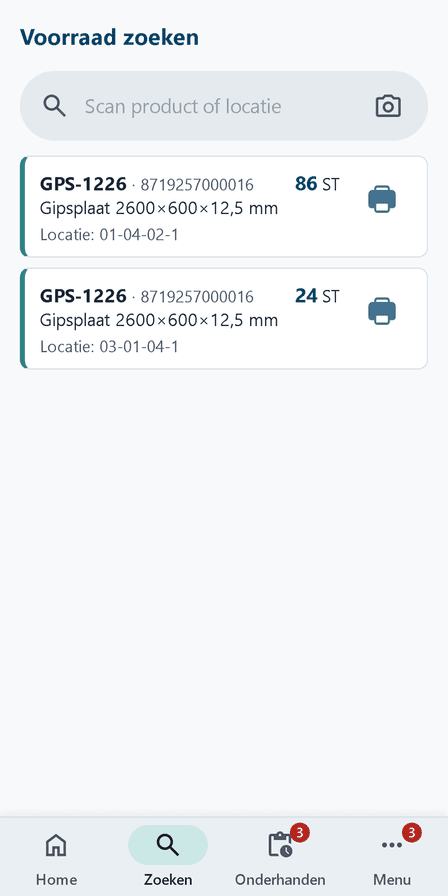 Voorraad zoeken in Integro Warehouse: na één scan de voorraad per locatie (voorbeeldgegevens)