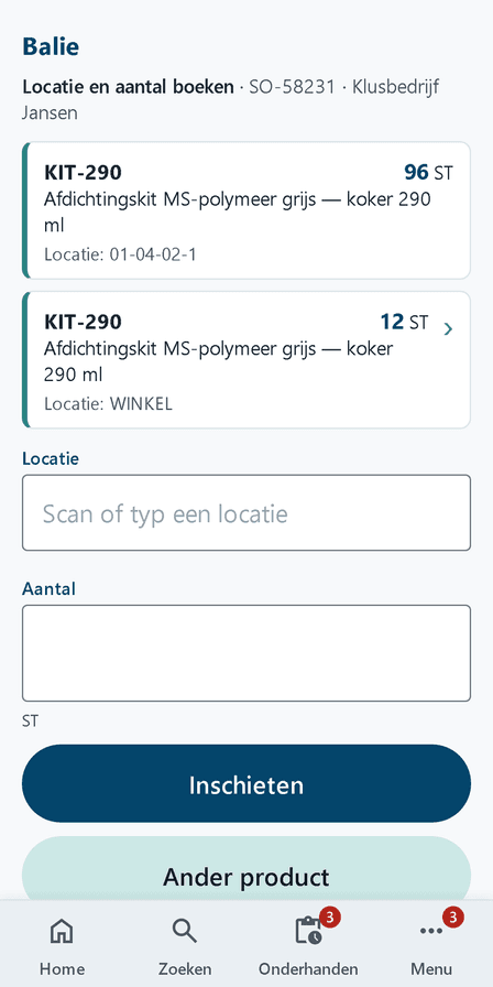 Baliescherm van Integro Warehouse: gescand product met voorraad per locatie, daarna locatie en aantal inschieten (voorbeeldgegevens)