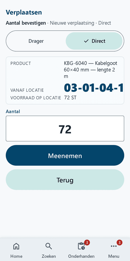 Nieuwe verplaatsing in Integro Warehouse: product en bronlocatie gescand, aantal bevestigen en meenemen (voorbeeldgegevens)
