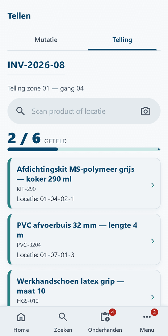 Blinde telling van een tellijst in Integro Warehouse, met voortgang per regel en zonder verwacht aantal in beeld (voorbeeldgegevens)