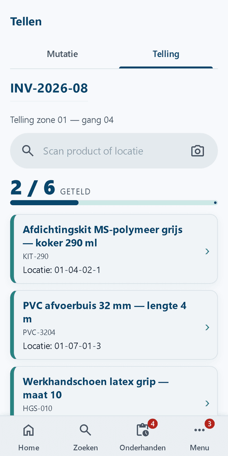 Blinde telling van een tellijst in Integro Warehouse, met voortgang per regel en zonder verwacht aantal in beeld (voorbeeldgegevens)