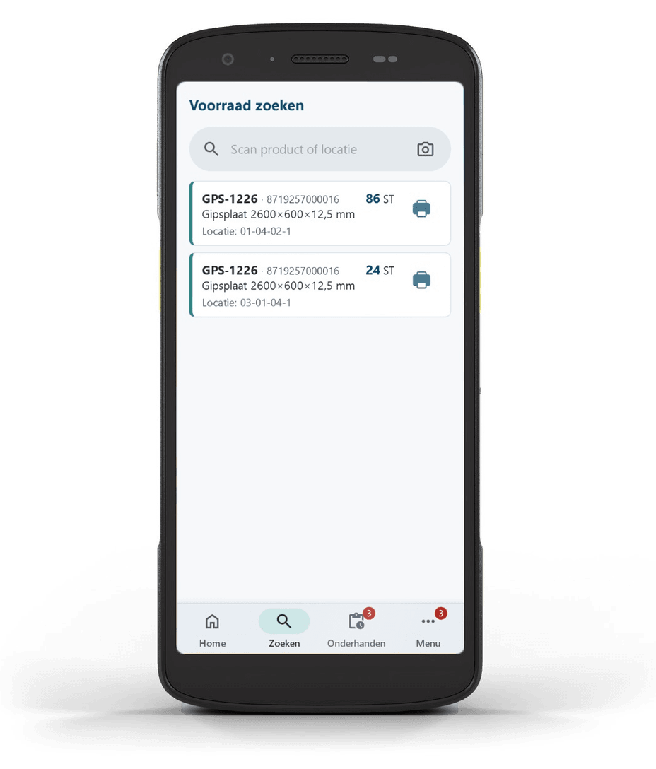 Voorraad zoeken in Integro Warehouse op een Zebra TC22-toestel: na één scan de voorraad per locatie (voorbeeldgegevens)